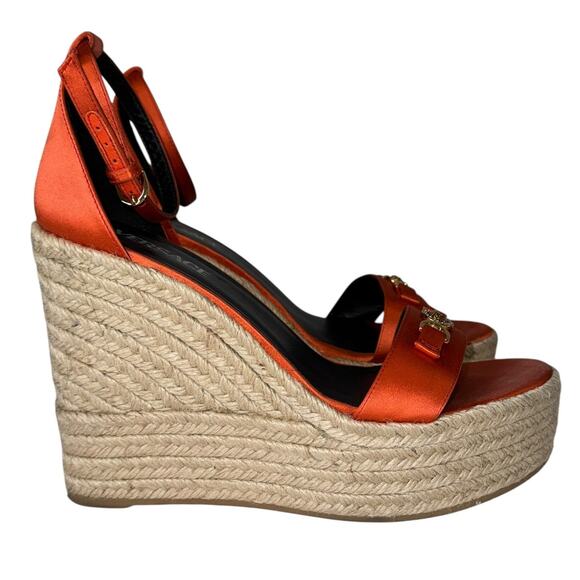 Versace Medusa Orange Coral Satin Espadrille Platform Wedge Sandals Size 41 - Picture 3 of 16